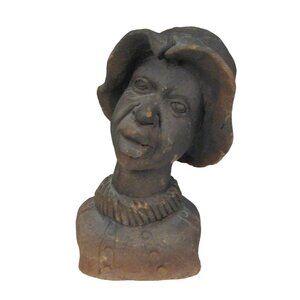 Ceramic Bust Figure Man Hat Art 6 Inch Carved Sculpture Brown